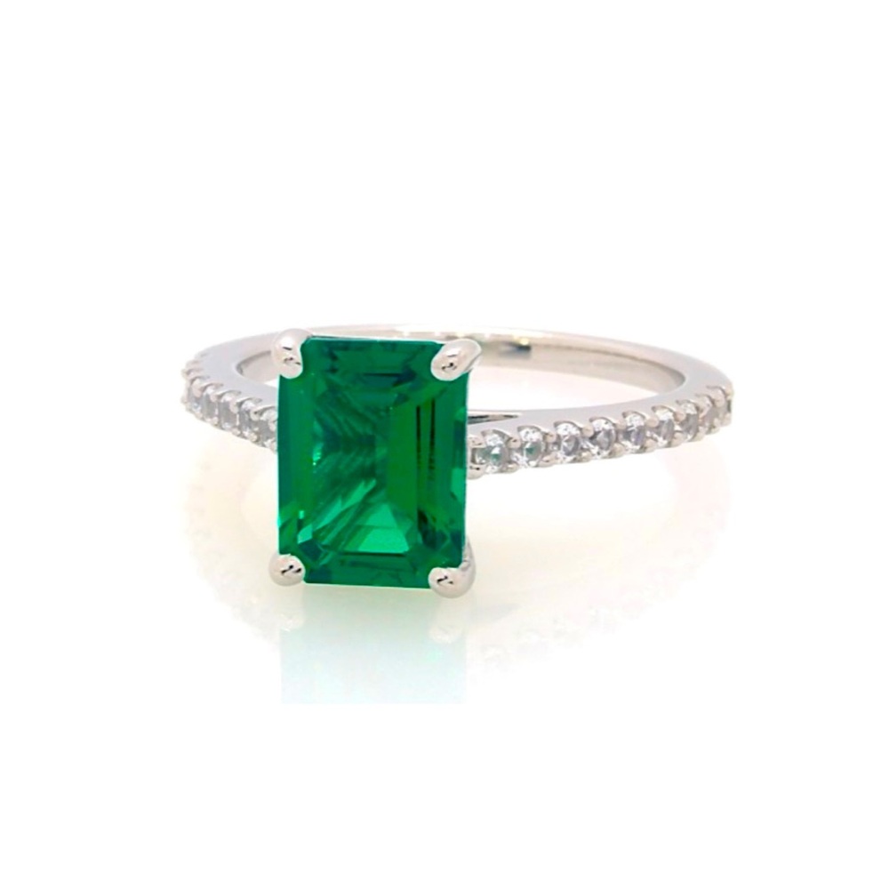Octagon-Cut Emerald & White Lab-Created Sapphire Ring in Sterling Silver.